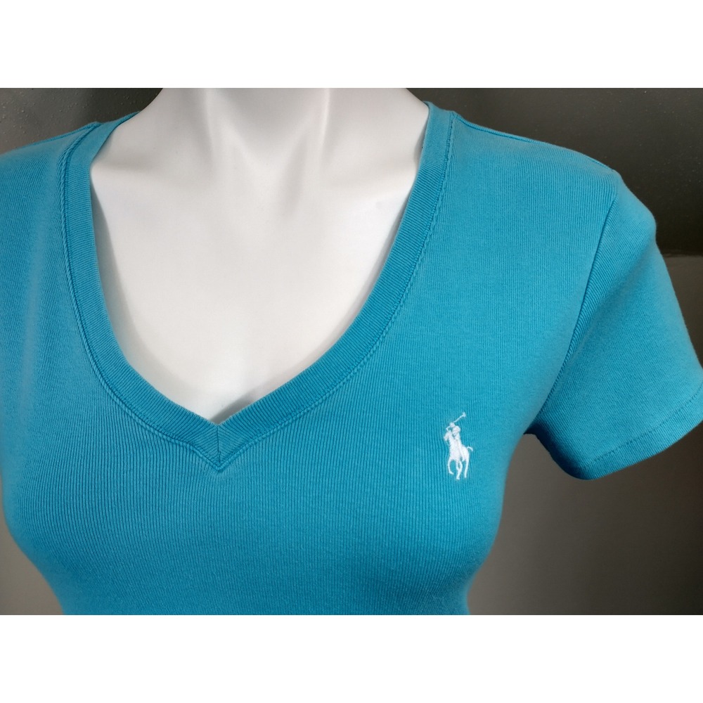 Ralph Lauren Women's Top Size L Turquoise Blue w/ White Polo Logo All Cotton EUC